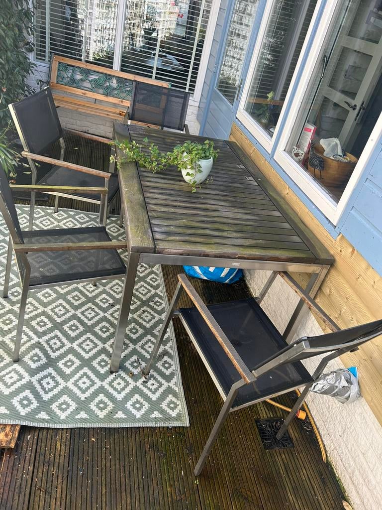 RVS Tuintafel en -stoelen., Ophalen of Verzenden, Gebruikt, Rvs