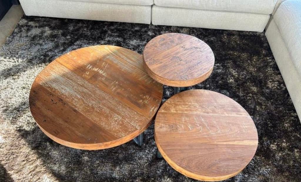 Set van 3 d-Bodhi houten salontafels - nieuwstaat, Ophalen, Rond, 50 tot 100 cm, Zo goed als nieuw