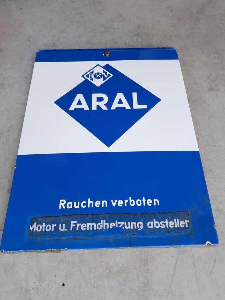 Emaille Aral reclame plaat van een benzinepomp 75cm bij 53cm, Ophalen, Eu, Gebruikt, Eu
