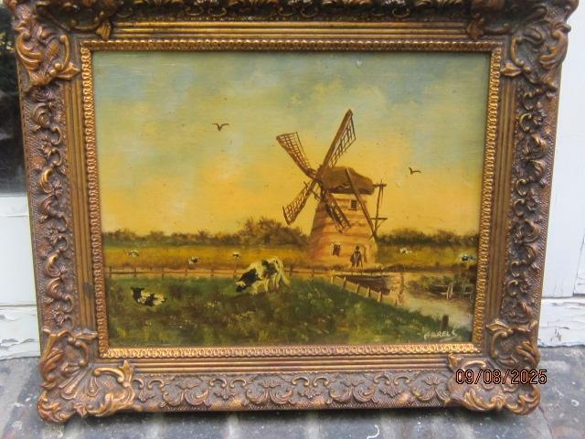 Olieverf  tafereel op Paneel, met Molen/ Koeien KARELS., Antiek en Kunst, Kunst | Schilderijen | Klassiek, Ophalen