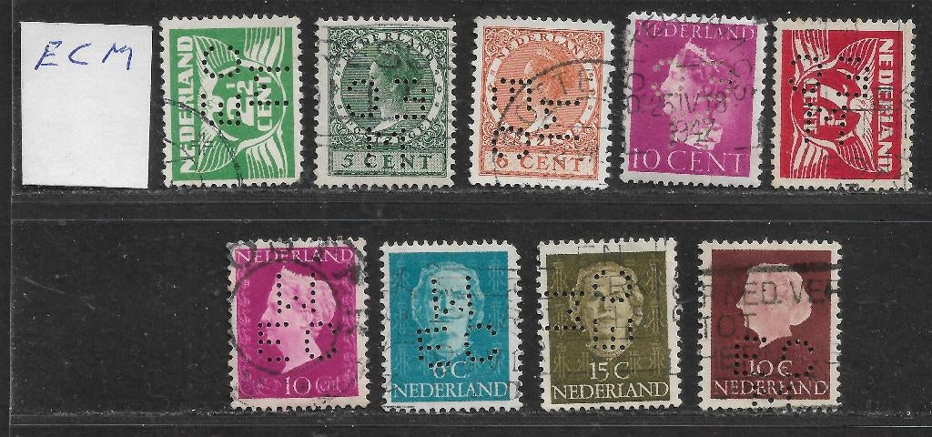 Perfins Nederland  - - -   9  zegels met Perfin  ECM, Verzenden, Gestempeld