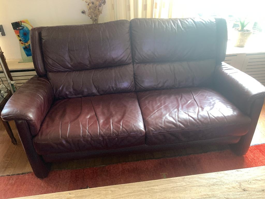 kalfs lederen bankstel 3 2 1 zits met eiken tafel, Ophalen, Gebruikt, Overige maten, Leer