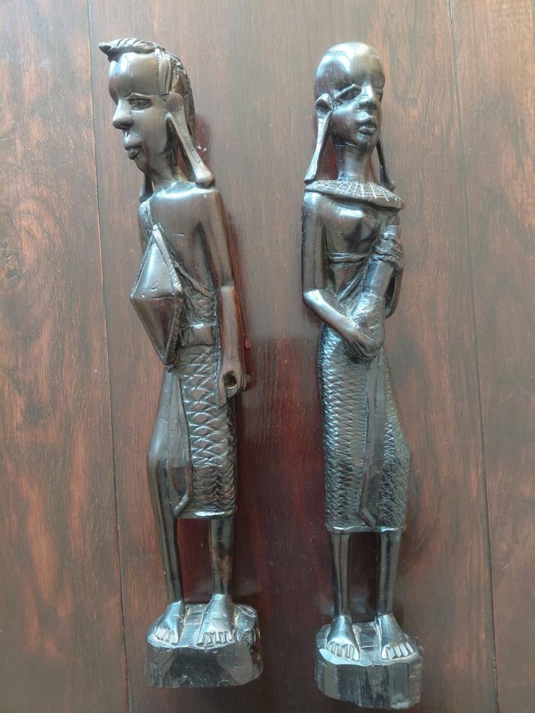 Twee Afrikaanse Ebbenhouten beelden - Man en Vrouw, Ophalen of Verzenden, Handgemaakt, Beeld, Hout