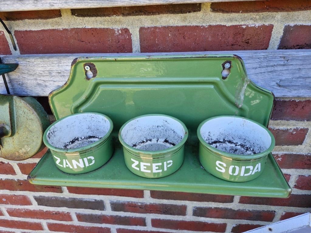 Vintage Emaille Rek met Zand, Zeep, Soda Bakjes - Groen, Antiek en Kunst, Ophalen