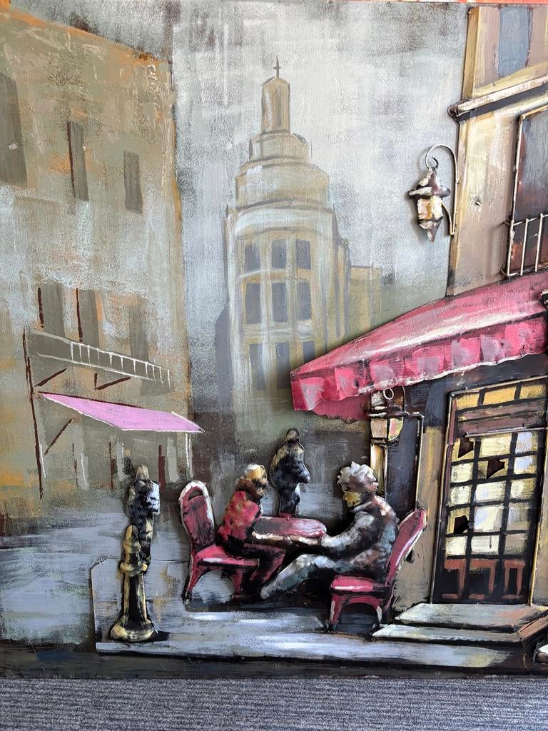 3D Metaal Schilderij Stadsgezicht Café 100x100 cm, Ophalen