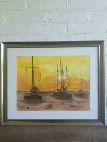 Schilderij boten IJsselmeer Uitdam gesigneerd TB avondzon, Antiek en Kunst, Ophalen
