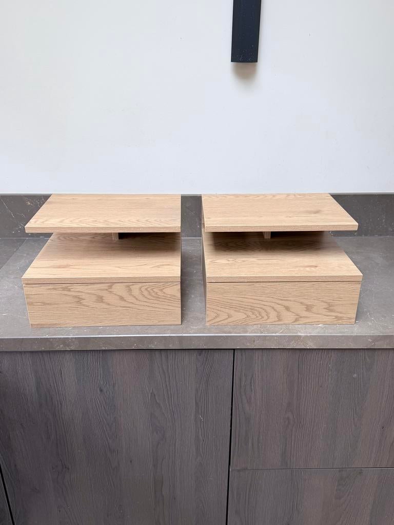 Desgin set van 2 eikenhouten zwevende nachtkastjes met lade, Huis en Inrichting, Slaapkamer | Nachtkastjes, Minder dan 45 cm, Ophalen of Verzenden