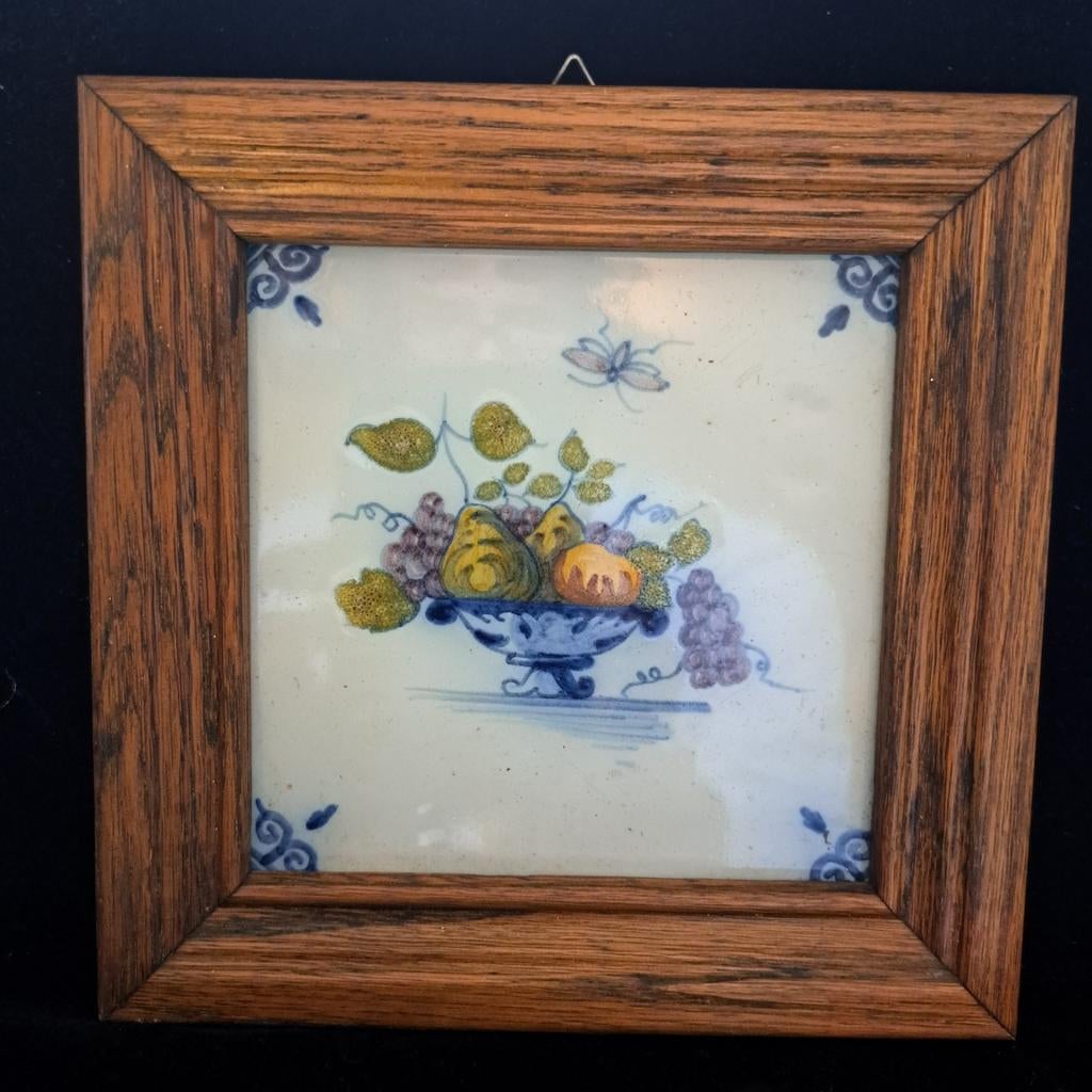 Delfts Blauw Tegeltje met Fruitstilleven in Houten Lijst, Antiek en Kunst, Antiek | Wandborden en Tegels, Ophalen of Verzenden