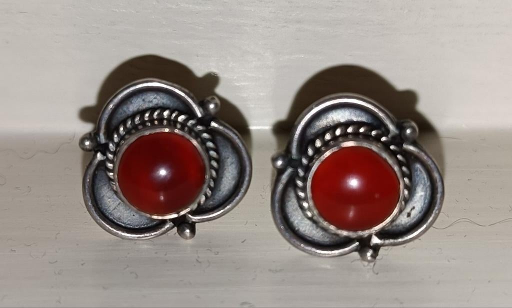 Sterling zilver carneo oorbellen, oranje/rood edelsteen, Ophalen of Verzenden, Zo goed als nieuw, Rood, Zilver