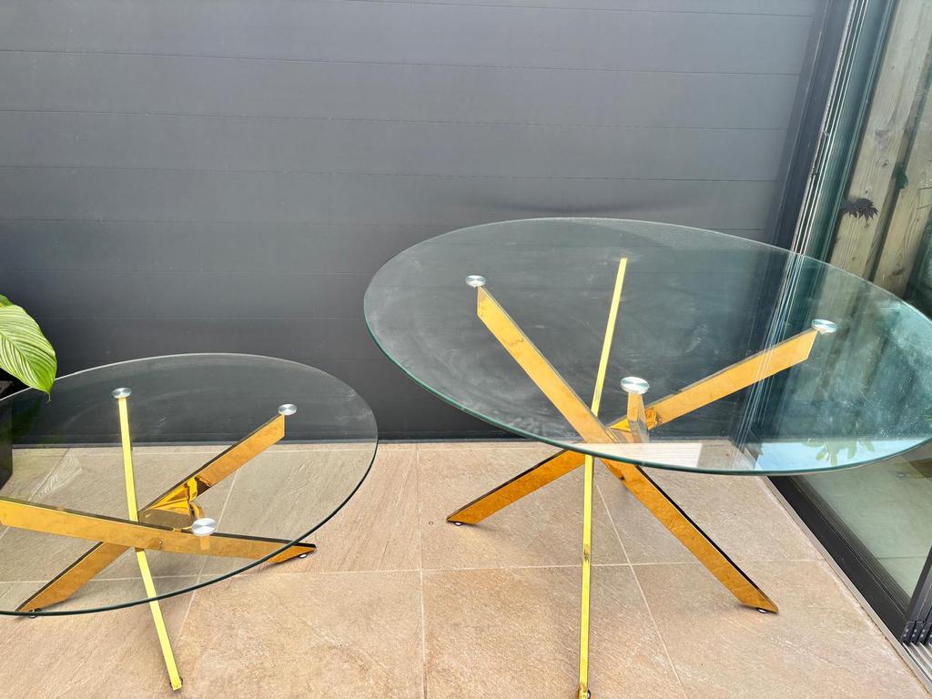 Glazen salontafel & eettafel goud, 100 tot 150 cm, Zo goed als nieuw, Minder dan 50 cm, Rechthoekig