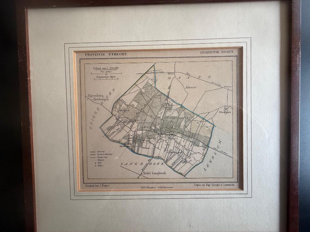 Kopergravure van de gemeente Doorn, 1800 - 1899, Cartografie, Ophalen of Verzenden, Ingelijst