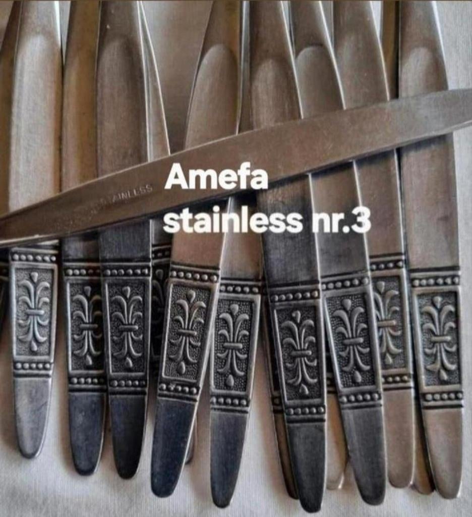 Amefa Stainless relief bestek Franse lelies in handvatten, Ophalen of Verzenden, Rvs of Chroom