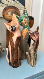 3 vintage houten katten bekleed met batik stof & beschilderd, Ophalen of Verzenden