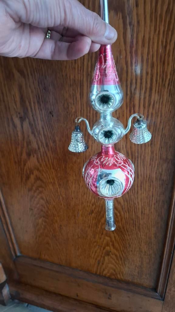 Antieke glazen kerstboompiek piek kerstbal 2 bellen zilver r, Diversen, Kerst, Ophalen of Verzenden, Zo goed als nieuw