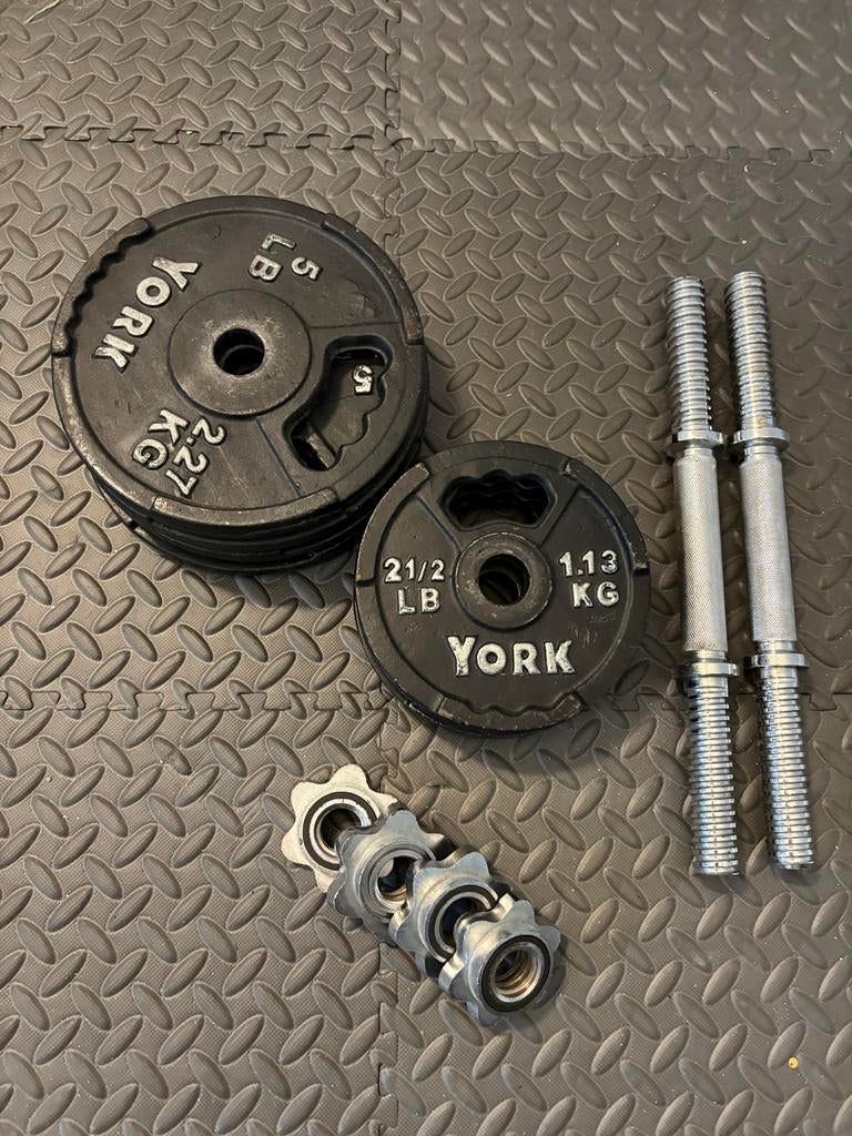 Dumbell set met schijven - York Fitness, Sport en Fitness, Fitnessmaterialen, Ophalen, Gebruikt, Armen, Halterset
