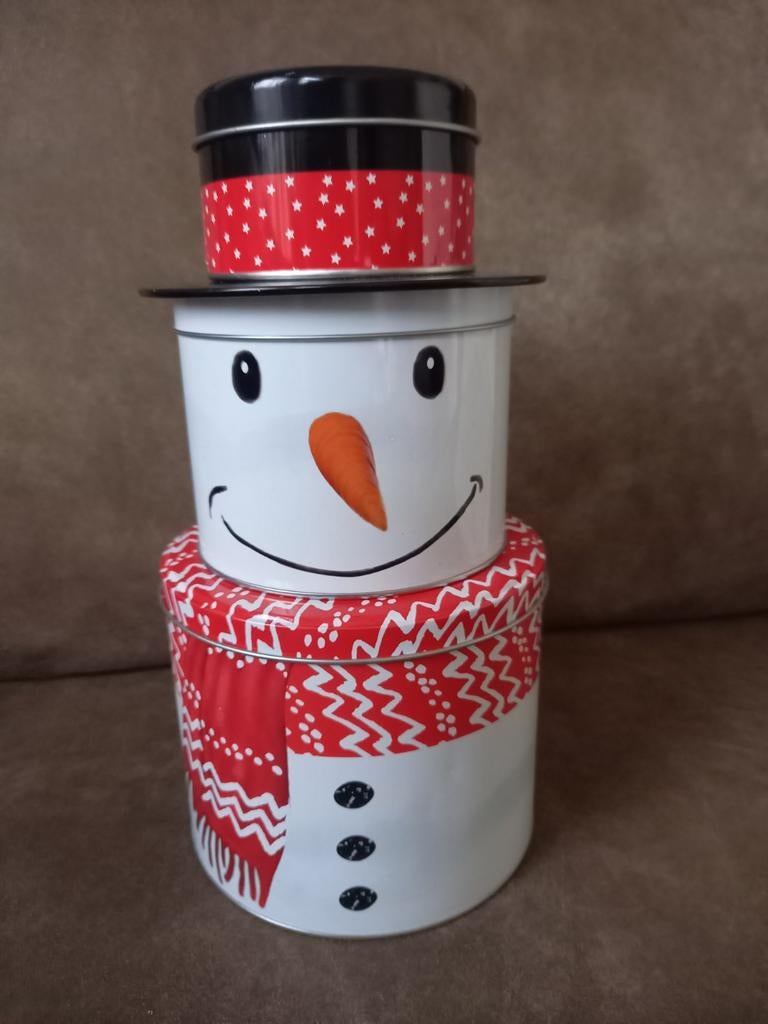 Leuke sneeuwpop trommels / blikken, Verzamelen, Blikken, Gebruikt, Ophalen of Verzenden