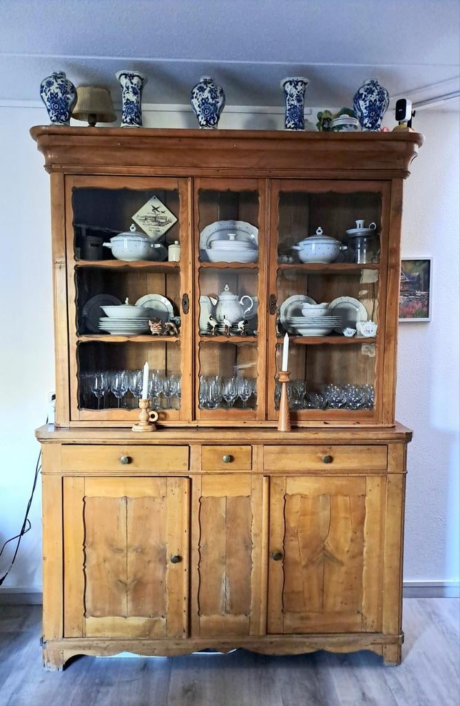 Kersenhouten kast - vitrine op onder dichte kast., Ophalen, Glas, Gebruikt, Met deur(en)