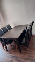 Vintage hardhouten tafel met 6 stoelen, Ophalen, Gebruikt, 100 tot 150 cm, Vijf personen of meer