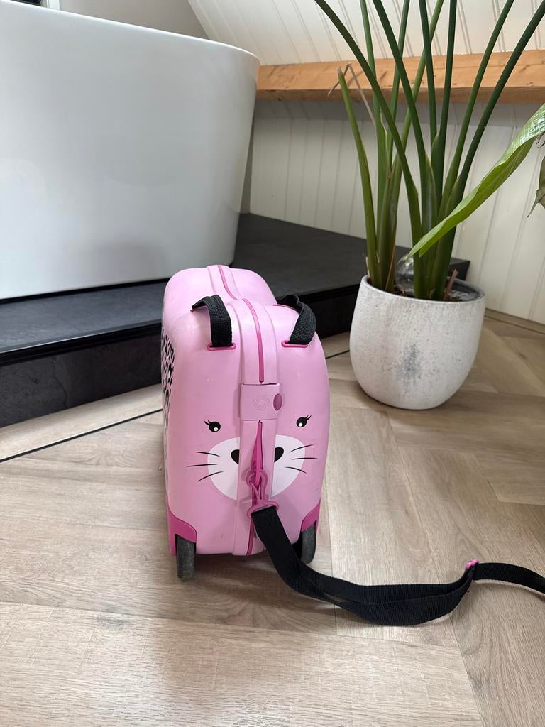 Samsonite kinder koffer roze met luipaardprint, Wieltjes, Gebruikt, 20 tot 30 cm, Minder dan 40 cm