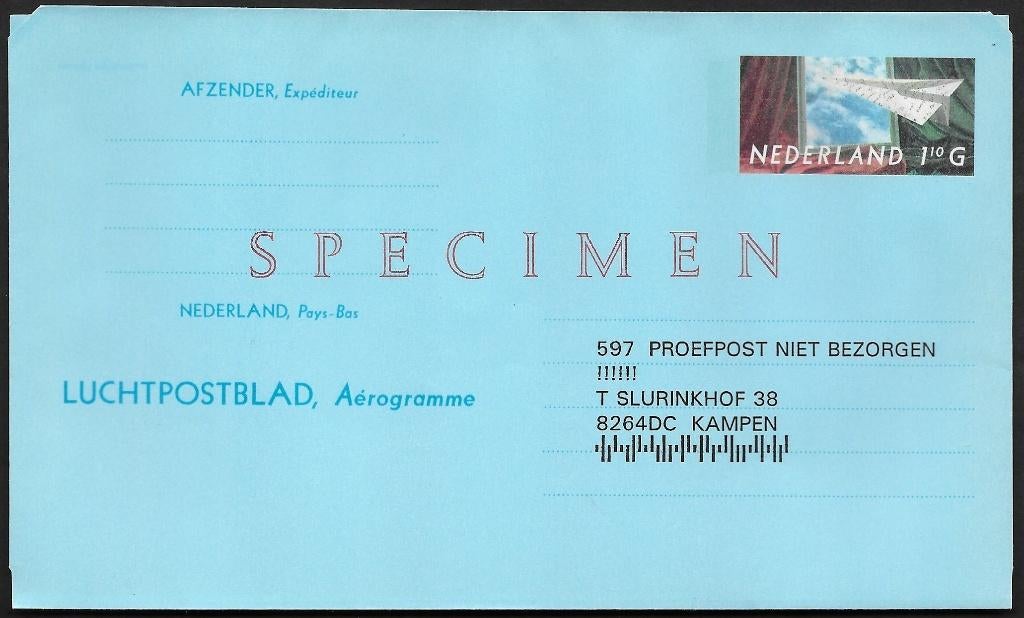 Luchtpostblad Geuzendam 31 PROEFPOST met SPECIMEN. Lees, Postzegels en Munten, Ophalen of Verzenden, Overige typen