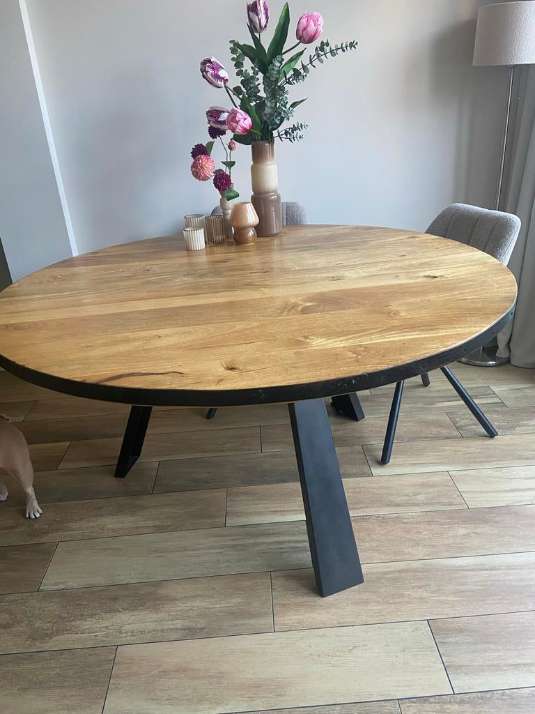 Mango houten eettafel rond 150cm, Huis en Inrichting, Tafels | Eettafels, Ophalen, Gebruikt, 100 tot 150 cm, Rond