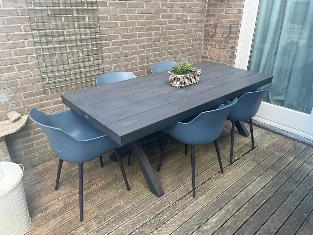 Mooie tuintafel met lichte beschadigingen met 6 stoelen, Ophalen, Gebruikt, Rechthoekig, Hout