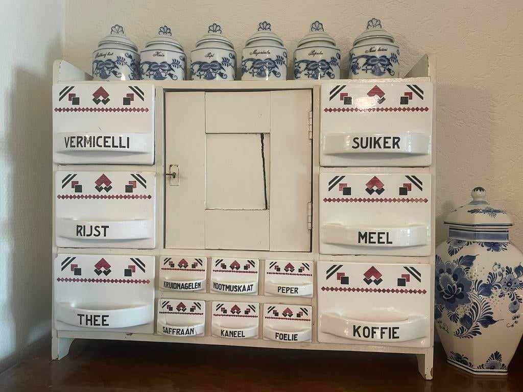 Antieke kruiden-/voorraadkast, set potjes optioneel deels, Ophalen of Verzenden