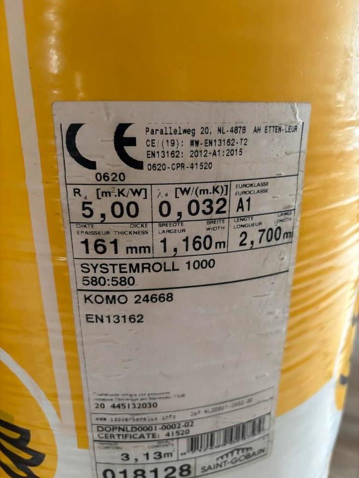 3 rollen Isover glaswol 161mm - totaal 8,1 m², Doe-het-zelf en Verbouw, Isolatie en Afdichting, Nieuw, Vloerisolatie, Glaswol