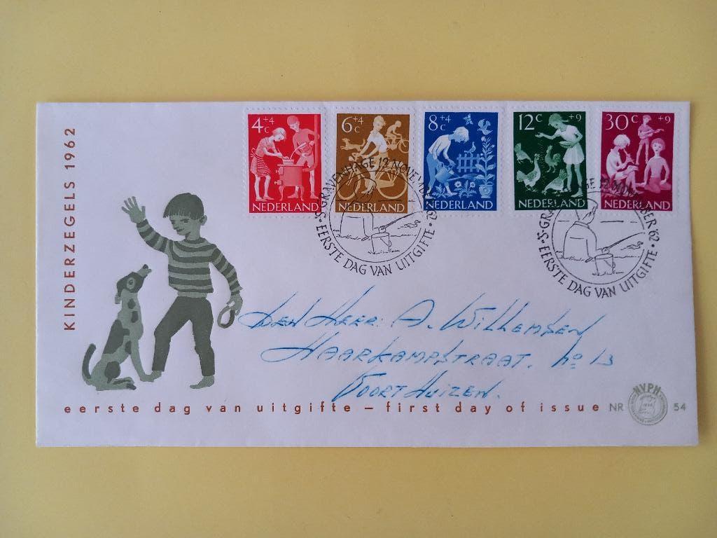 1962 Kinderzegels FDC E54 met open klep e3, Postzegels en Munten, Postzegels | Eerstedagenveloppen, Verzenden, Beschreven, Nederland