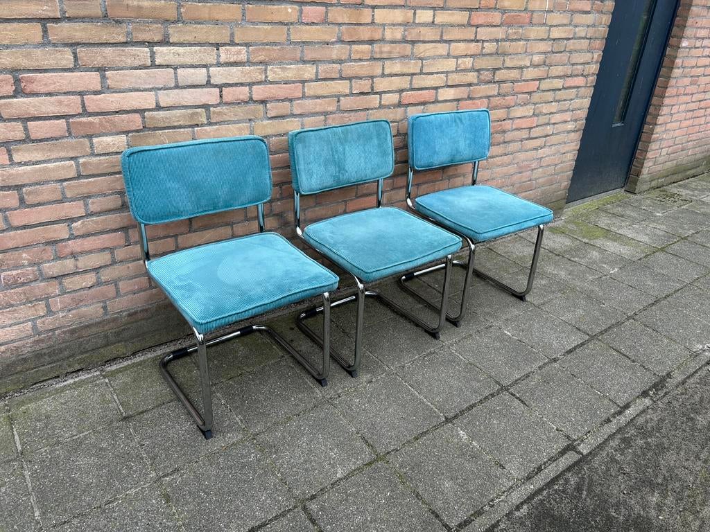 3 Ribstof Stoelen met Chrome Buisframe, Ophalen, Gebruikt, Blauw, Vier