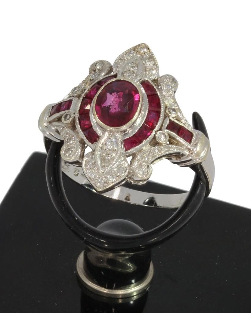 Robijnen diamanten 14k gouden Art Deco dames ring vintage, Sieraden, Tassen en Uiterlijk, Antieke sieraden, Verzenden, Goud, Ring