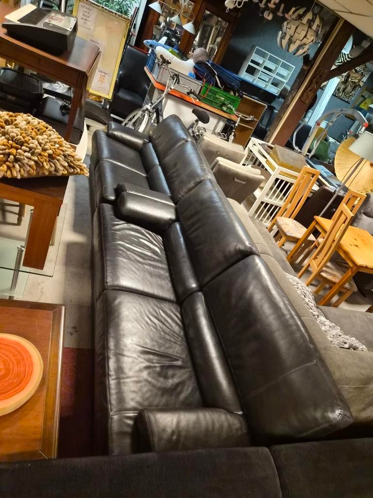 Zwarte Leren bankstel - Comfortabel en Stijlvol, Ophalen, Gebruikt, 100 tot 125 cm, 150 tot 200 cm