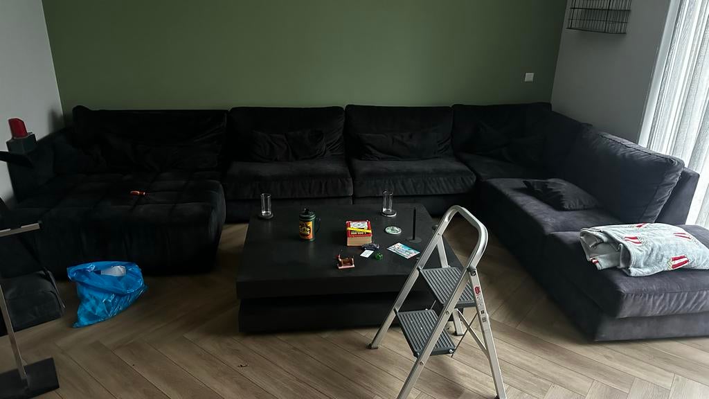 Grote hoekbank met salontafel - Zwart/Antraciet, Ophalen, Gebruikt, Hoekbank, 300 cm of meer