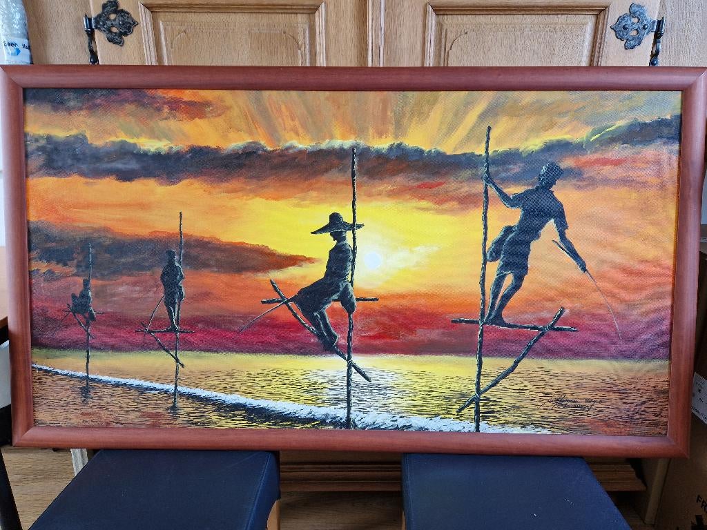 TE KOOP : SRI LANKA “PAALZITTERS” OLIE SCHILDERIJ, Huis en Inrichting, Ophalen, Gebruikt, 125 cm of meer, Schilderij