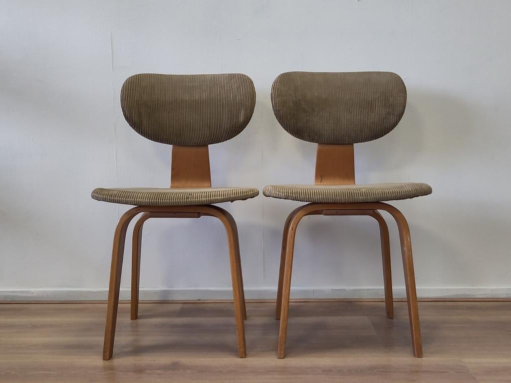 2x vintage Pastoe eetkamerstoel SB02 houten stoel stof, Ophalen, Gebruikt, Twee, Bruin