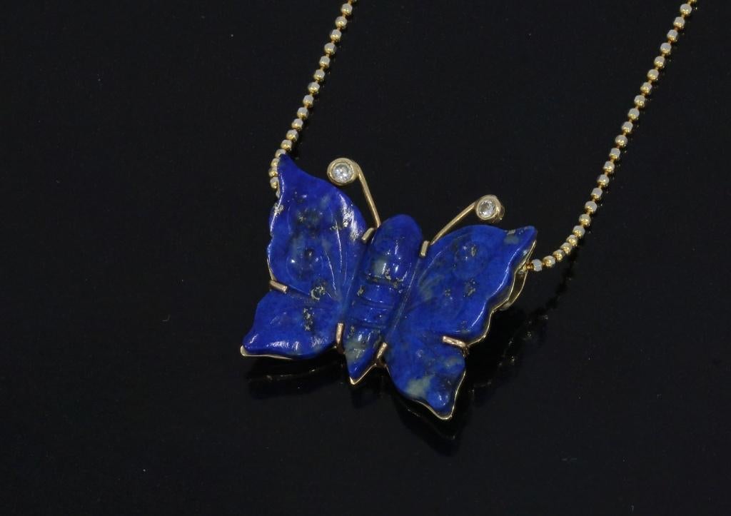 Vlinder Lapis Lazuli diamant 14k gouden ketting hanger fraai, Voordeelsieraden, Verzenden, Zo goed als nieuw, Met edelsteen