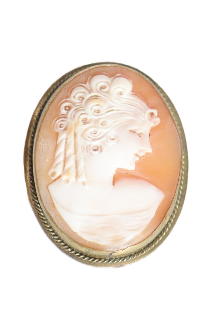 Een antieke broche met uit schelp gesneden Cameo, Ophalen of Verzenden, Zo goed als nieuw, 4 tot 7 cm, Overige materialen