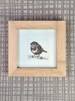 Etsje van vogel, roodborstje, in bamboe lijst van 10x10cm, Minder dan 50 cm, Oorspronkelijke maker, Nieuw, Ophalen of Verzenden