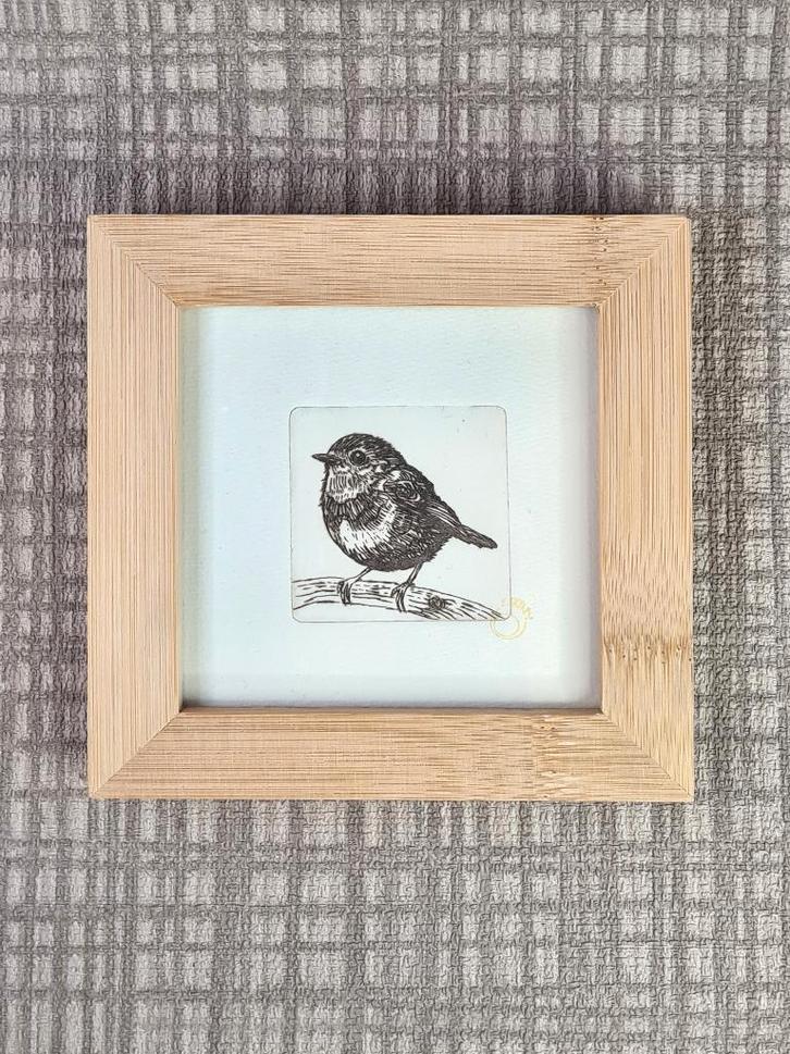 Etsje van vogel, roodborstje, in bamboe lijst van 10x10cm, Huis en Inrichting, Woonaccessoires | Schilderijen, Tekeningen en Foto's