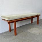 vintage midcentury teak bankje met velour kussen grijs/groen, Ophalen, Gebruikt, Onbekend, Onbekend
