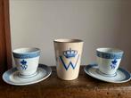 2 blauw/wit kop en schoteltjes+1 beker Wilhelmina, Verzamelen, Koninklijk Huis en Royalty, Ophalen of Verzenden, Zo goed als nieuw