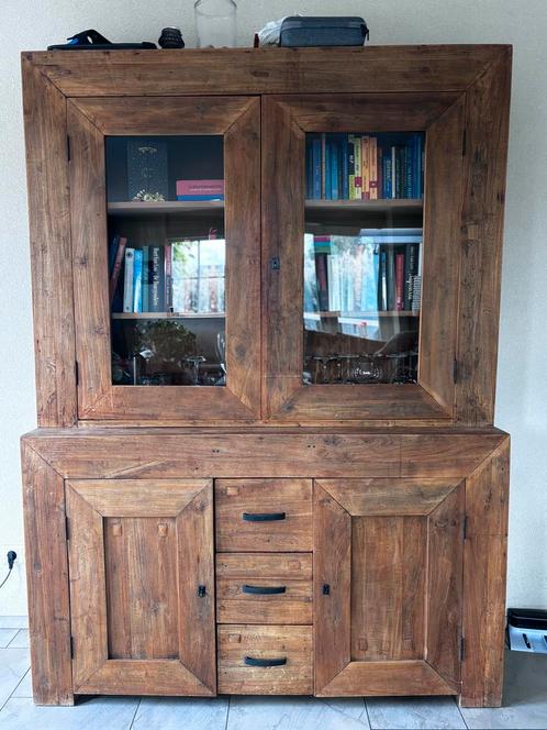 Massief teakhouten vitrinekast met lades, Huis en Inrichting, Kasten | Vitrinekasten, Gebruikt, 150 tot 200 cm, 100 tot 150 cm