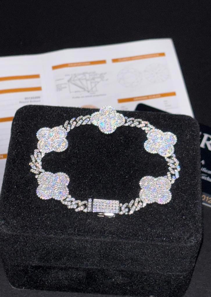 Moissanite cuban clover armband 925 silver, Sieraden, Tassen en Uiterlijk, Armbanden, Nieuw, Zilver, Zilver, Met edelsteen, Verzenden