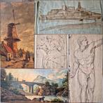 Europese school, 18e - 19e eeuw, 3 tekeningen + 1 schilderij, Antiek en Kunst, Verzenden