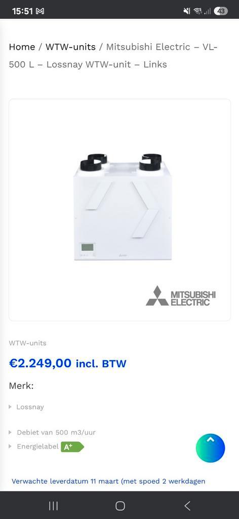 Mitsubishi VL-500-L, Doe-het-zelf en Verbouw, Ventilatie en Afzuiging, Nieuw, Ventilator en Afzuiger, Ophalen