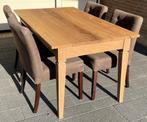 eettafel (153 x 90) grenen hout met 6 stoelen bruine stof, Ophalen, Gebruikt, 50 tot 100 cm, Vijf personen of meer