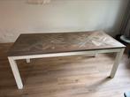 Eettafel, witte poten met eiken blad, Huis en Inrichting, Tafels | Eettafels, Ophalen, Gebruikt, Eikenhout, 200 cm of meer