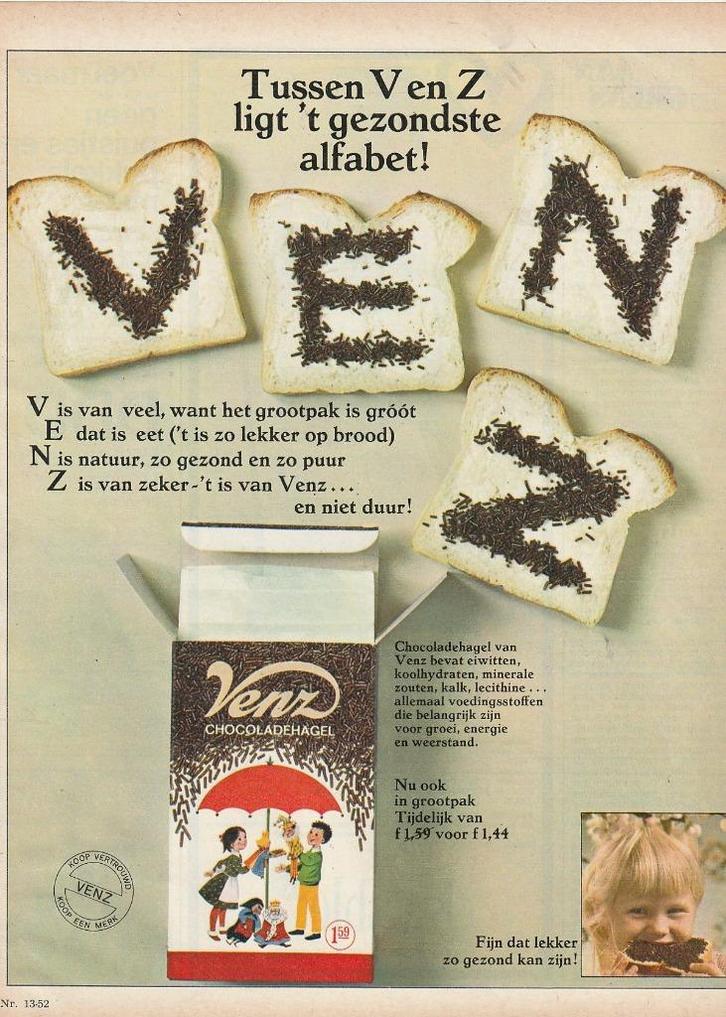 Retro reclame 1965 Venz hagelslag lekker is gezond, Verzamelen, Retro, Overige typen, Verzenden