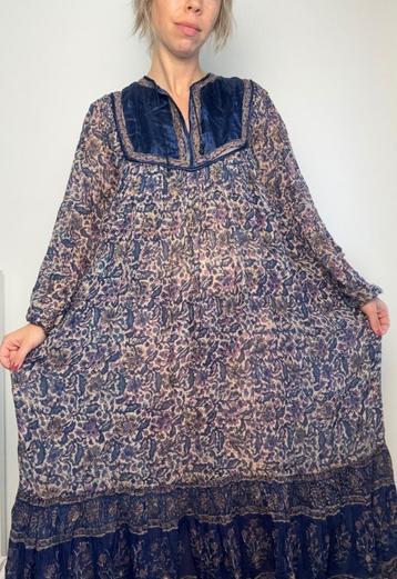 Vintage jaren 70 Indiase katoenen gaas jurk blockprint beschikbaar voor biedingen