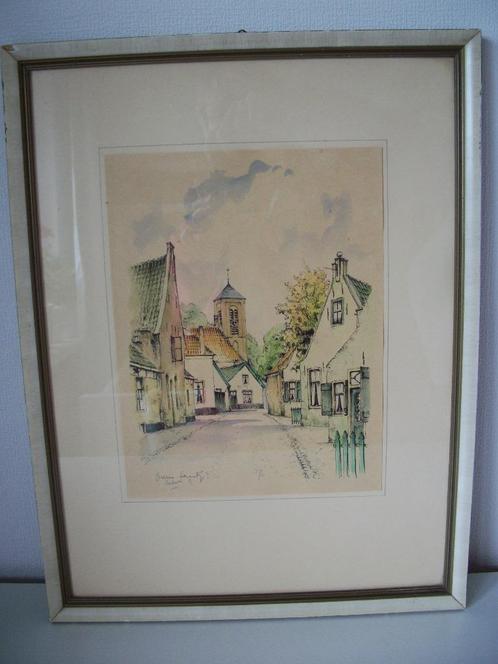 Litho Gerard van Berkel - Velsen Straatje - 32 x 42,5 cm hoo, Antiek en Kunst, Kunst | Schilderijen | Klassiek, Ophalen of Verzenden